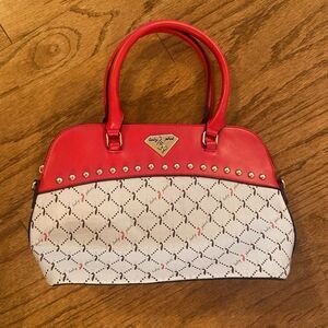 Baby Phat hand bag a red, brown, cream and gold accents